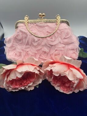 Pink Floral Rosette Evening Clutch with Gold Frame
